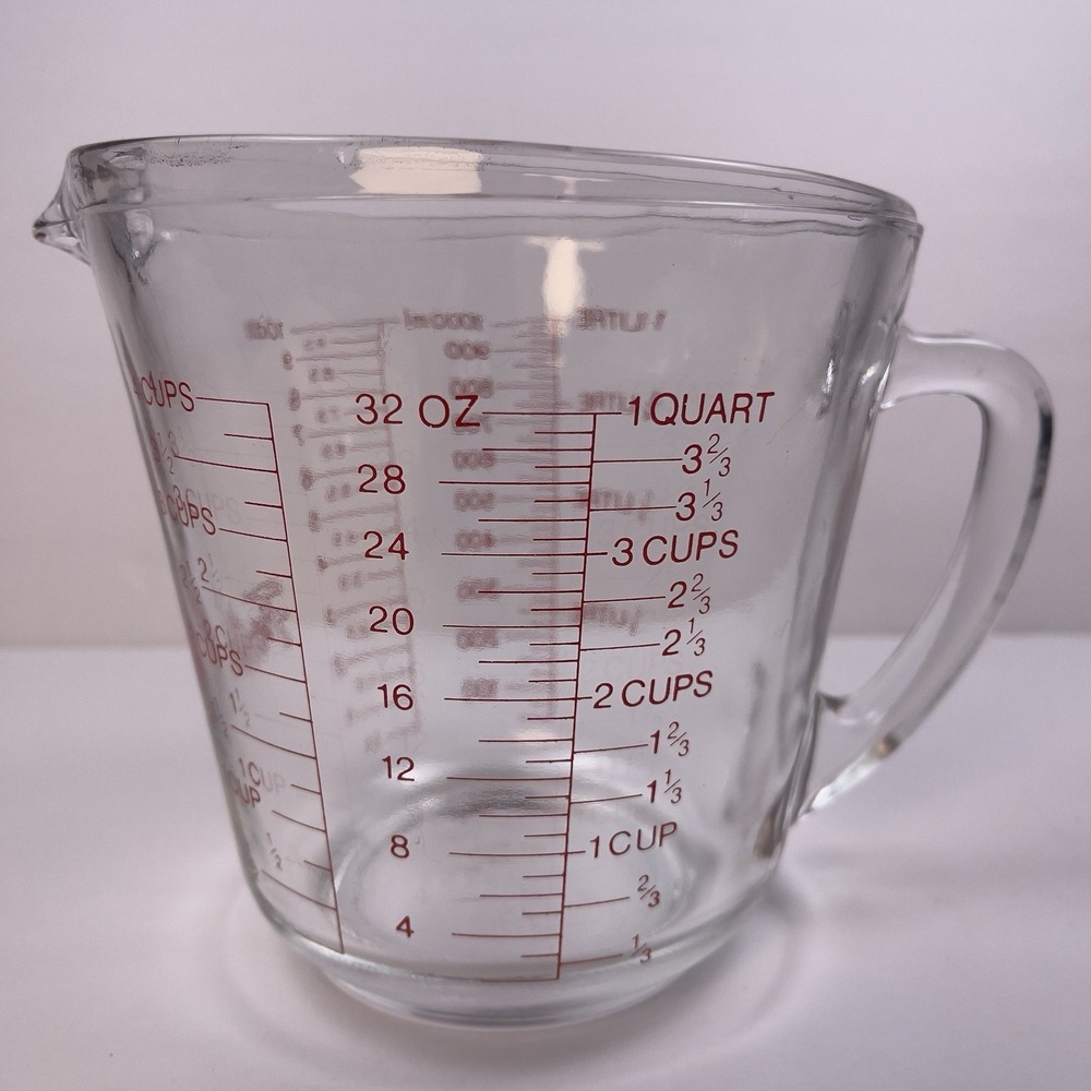 Vintage Fire King 4 Cup 1 Quart Clear Glass Measuring Cup #499 USA Red Letters